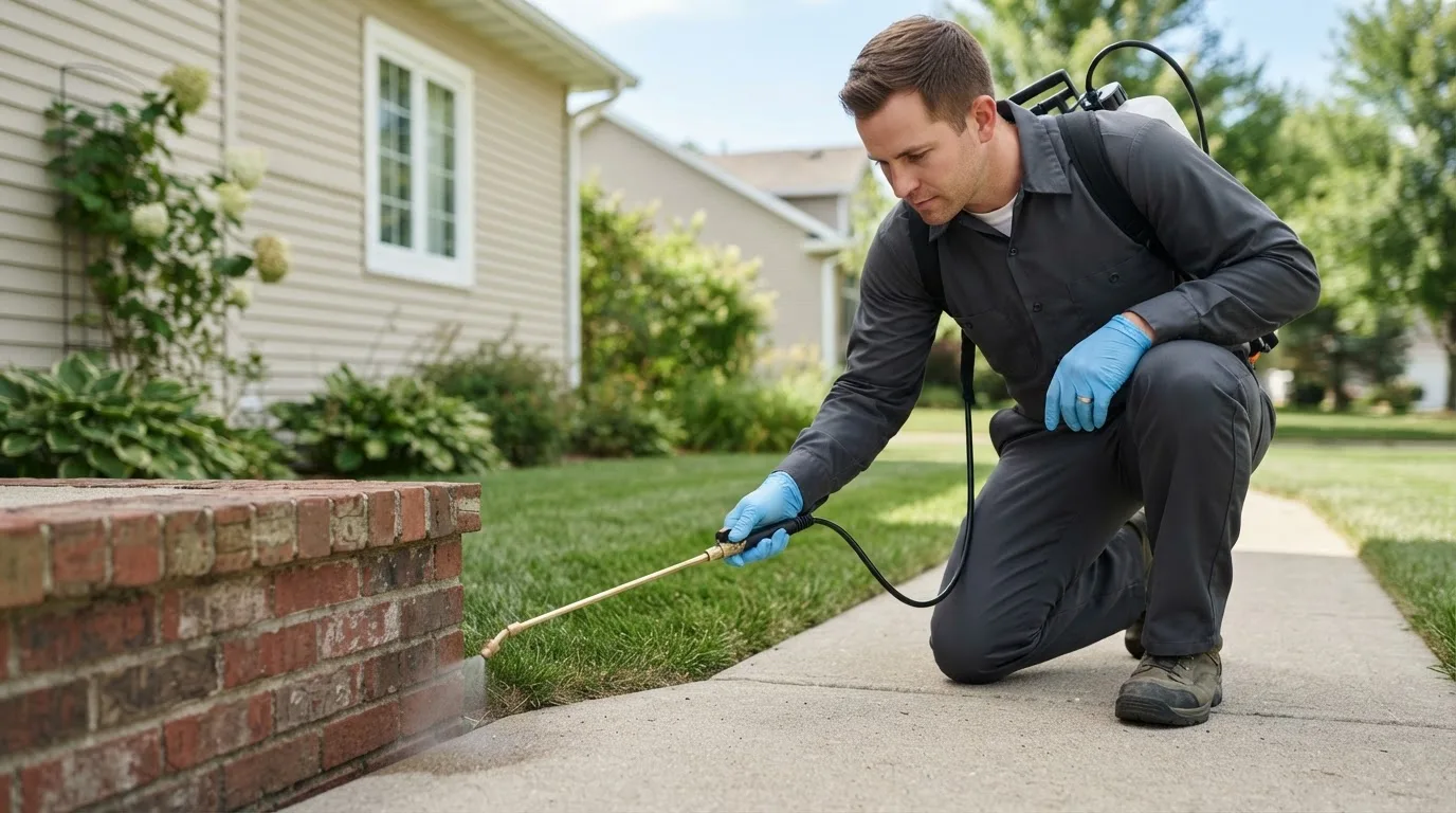 Pest control technician treating a home near Brandon, IA